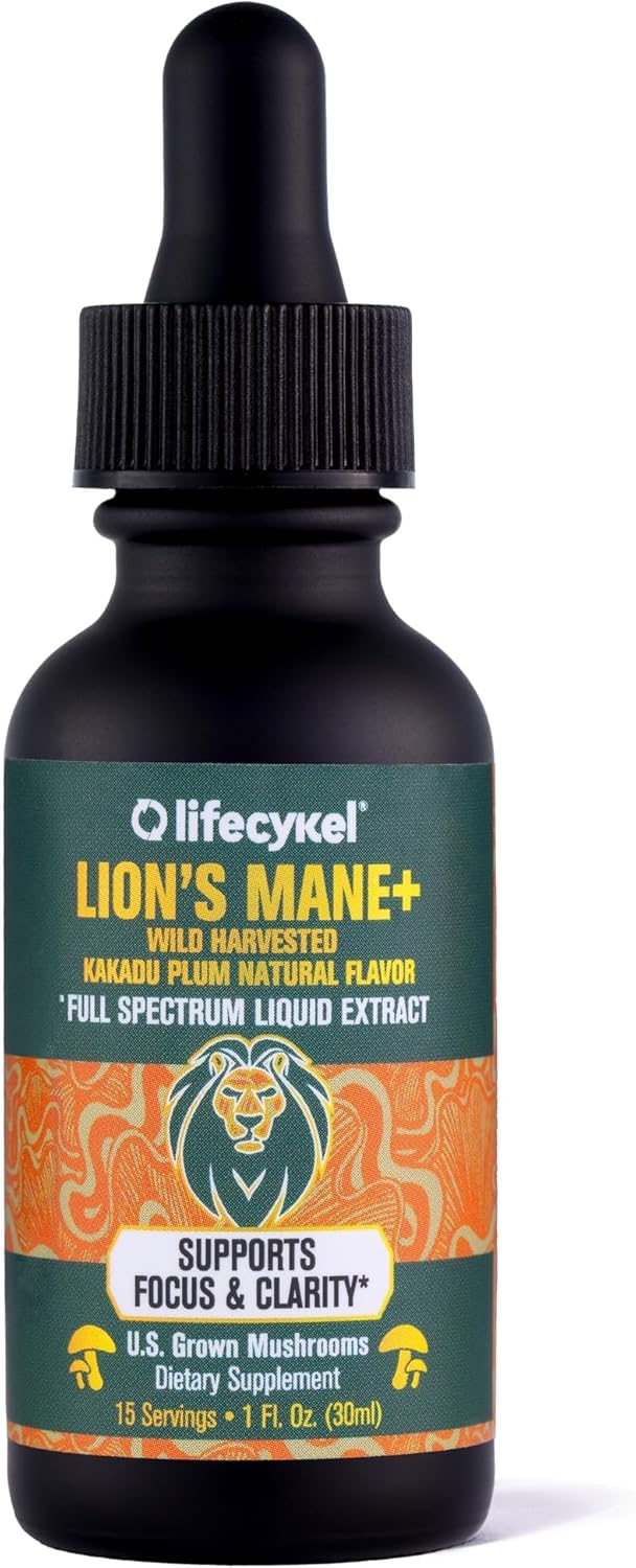 Lifecykel Lions Mane Mushroom Extract w/Kakadu Plum- Memory Focus Clarity REM Sleep-100% Organic Mushrooms Brain Booster Nootropic Brain Supplement Focus Supplement Made in US, 2 Fl oz (30 Servings)