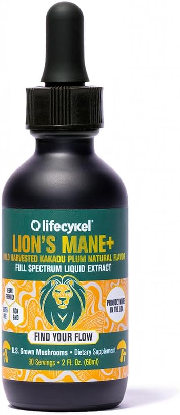 Lifecykel Lions Mane Mushroom Extract w/Kakadu Plum- Memory Focus Clarity REM Sleep-100% Organic Mushrooms Brain Booster Nootropic Brain Supplement Focus Supplement Made in US, 2 Fl oz (30 Servings)