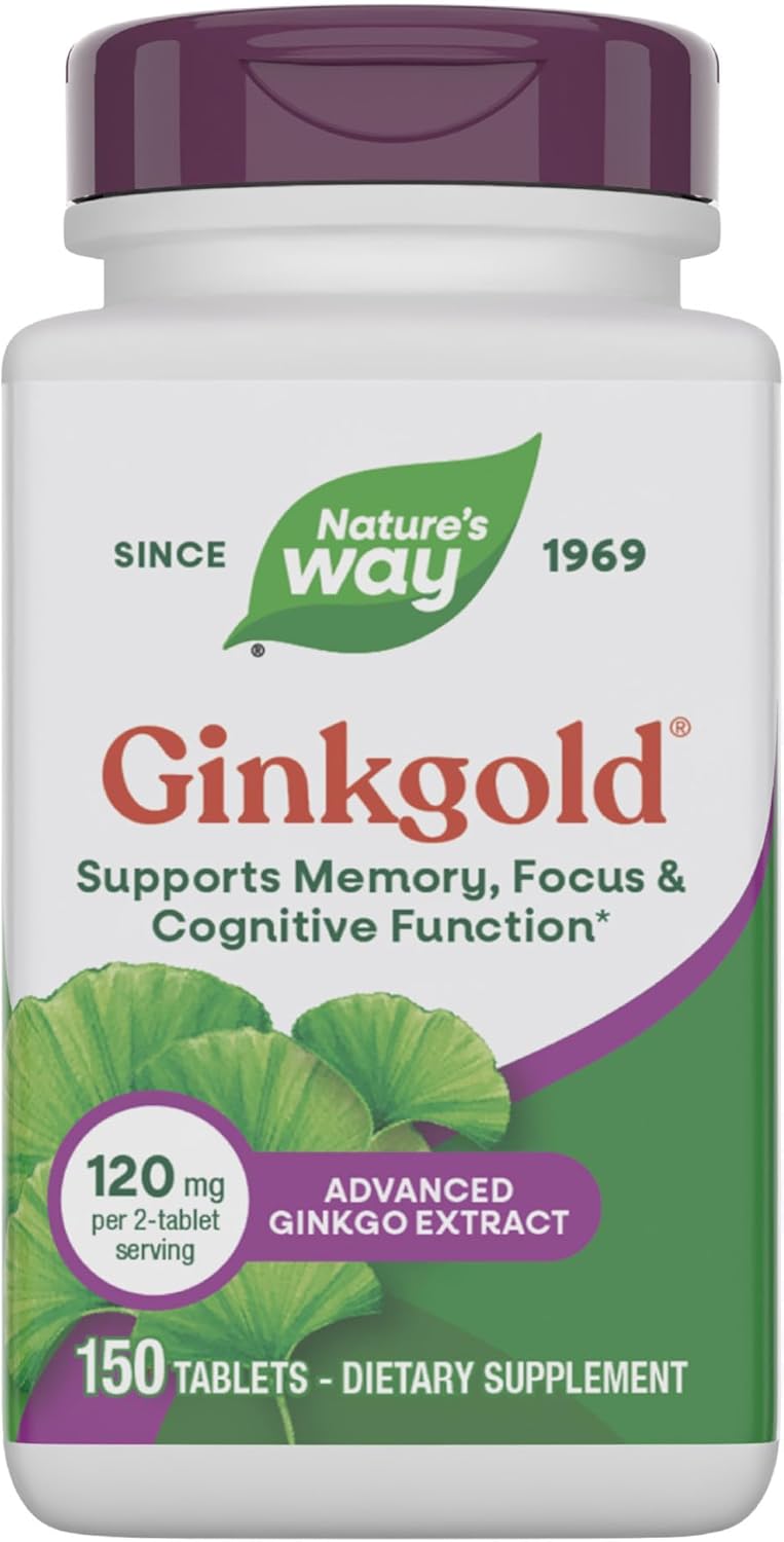 Natures Way Ginkgold Advanced Ginkgo Extract, Supplements for Support of Memory and Focus*, Ginkgo Biloba Extract, Supports Focus  Cognitive Function*, 150 Tablets (Packaging May Vary)