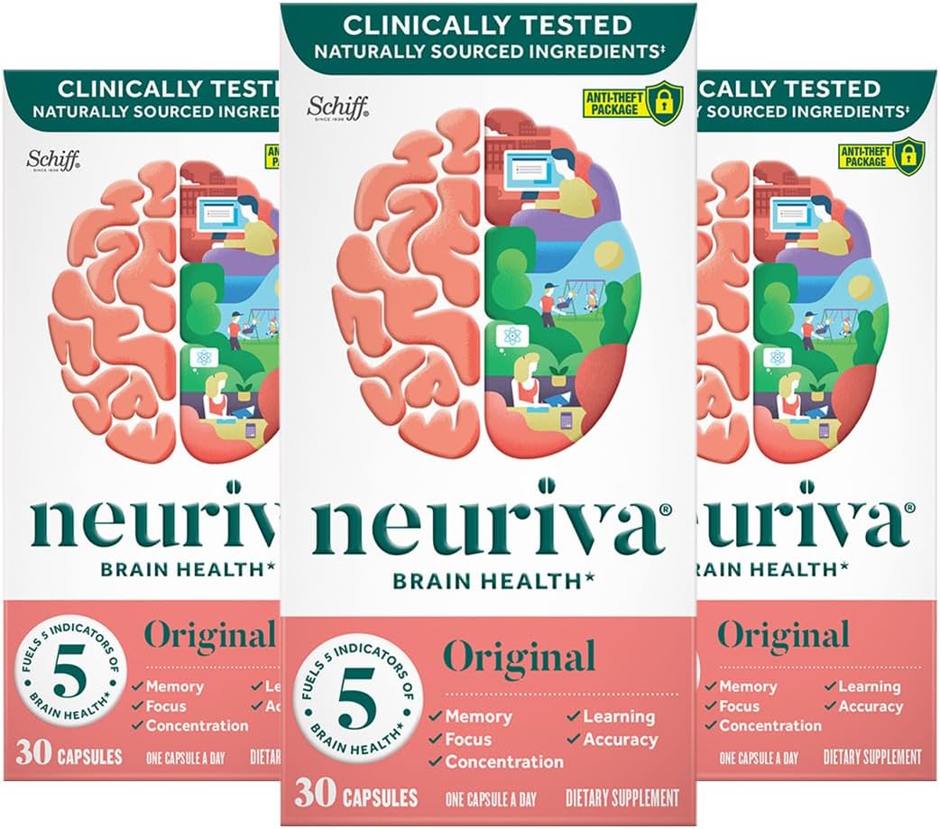 NEURIVA Original Brain Supplement for Memory, Focus  Concentration + Learning  Accuracy with Clinically Tested Nootropics Phosphatidylserine and Neurofactor, Caffeine Free, 30 Capsules (3 Pack)