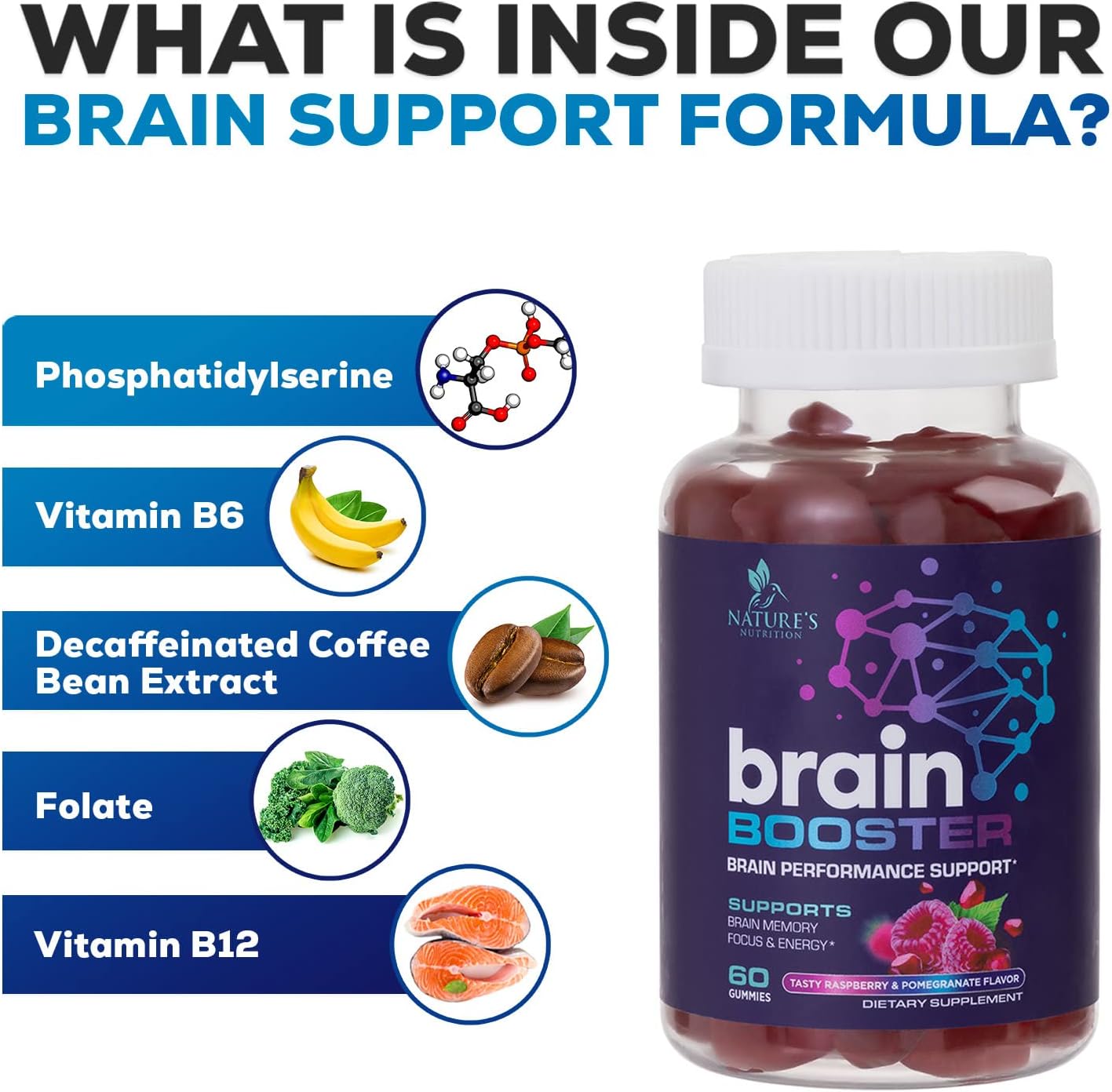 Brain Supplement for Memory  Focus with Nootropics to Support Concentration  Mental Clarity - Cognitive Support  Accuracy with Vitamins B6, B12, Folate  Phosphatidylserine - 60 Gummies