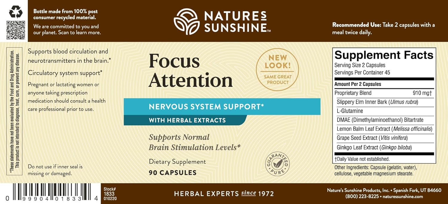 Natures Sunshine Focus Attention, 90 Capsules, Provides Nutrients That Help Maintain Normal Brain-Stimulation Levels While Supporting Blood Circulation and Neurotransmitter Levels in The Brain