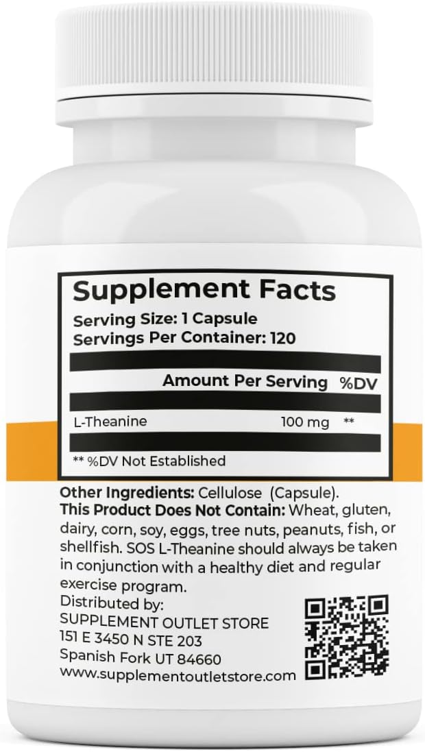 SOS L-Theanine, Brain Support Focus Supplement, 100mg, 120 Count SOS L-Theanine, Brain Support Focus Supplement, 100mg, 120 Count