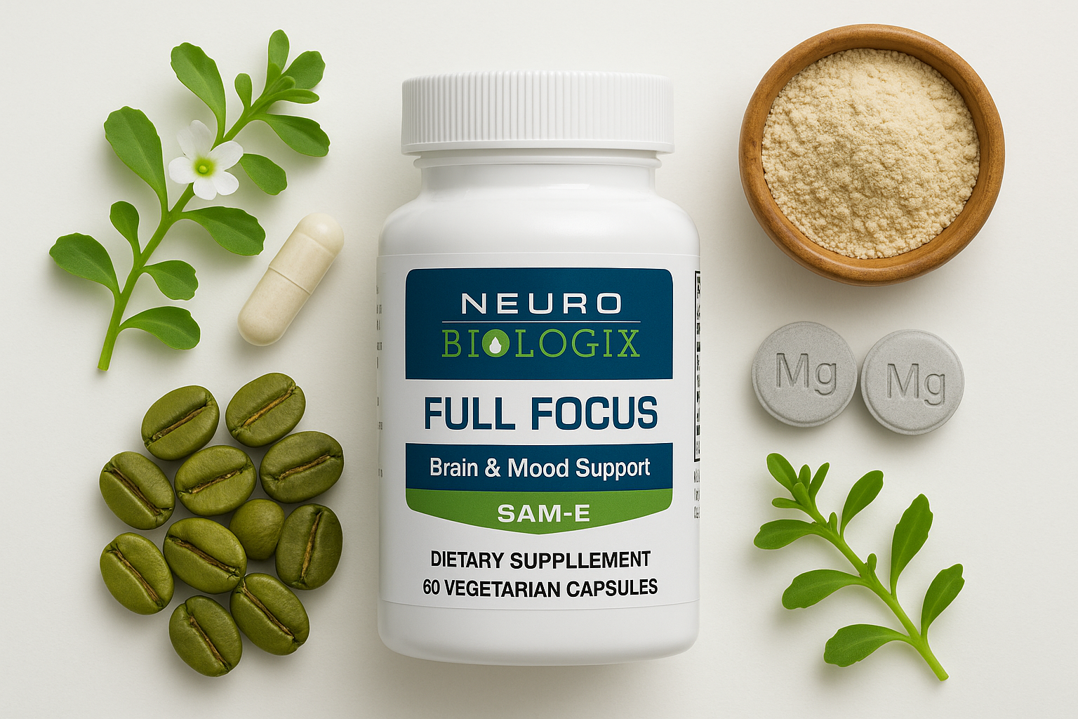 Neurobiologix Full Focus for Men  Women, Brain  Mood Support Supplement, Promotes Focus, Memory  Cognitive Function, with Green Coffee Bean, Bacopa, Magnesium  SAM-E, Gluten Free, Capsules