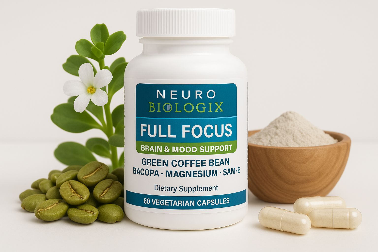 Neurobiologix Full Focus for Men  Women, Brain  Mood Support Supplement, Promotes Focus, Memory  Cognitive Function, with Green Coffee Bean, Bacopa, Magnesium  SAM-E, Gluten Free, Capsules