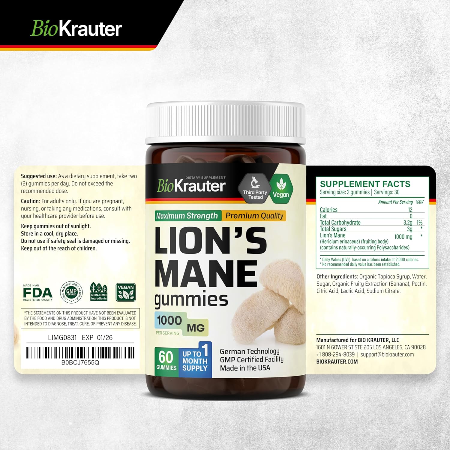 BIO KRAUTER Lions Mane Gummies for Adults - mg Strength - Vegan Mushroom Supplement Chews - Lions Mane Supplement for Brain - Gelatine-Free