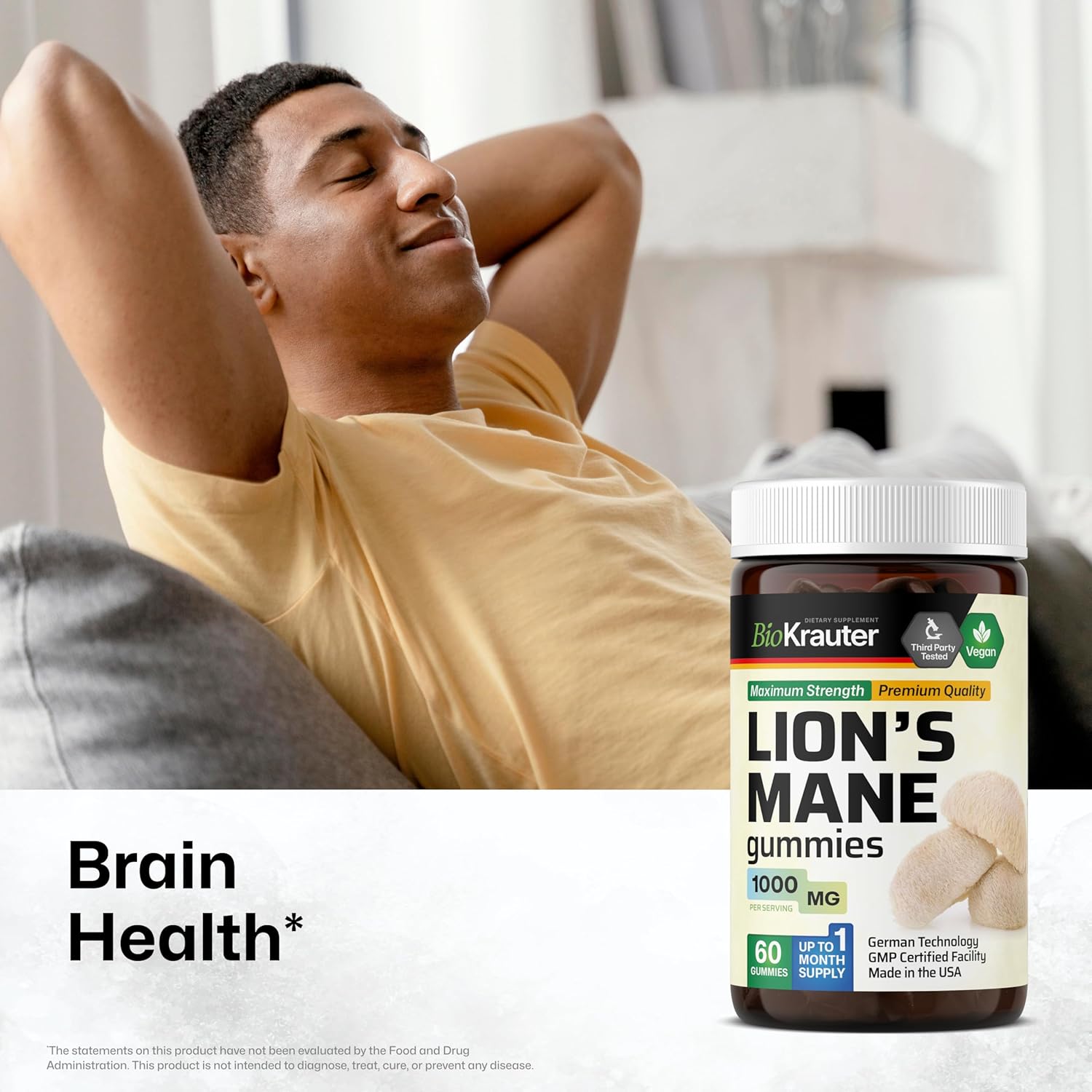BIO KRAUTER Lions Mane Gummies for Adults – 1000 mg Strength – 60 Vegan Mushroom Supplement Chews – Lions Mane Supplement for Brain – Gelatine-Free