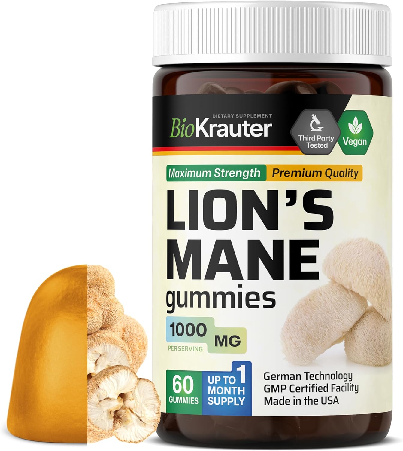 BIO KRAUTER Lions Mane Gummies for Adults - mg Strength - Vegan Mushroom Supplement Chews - Lions Mane Supplement for Brain - Gelatine-Free