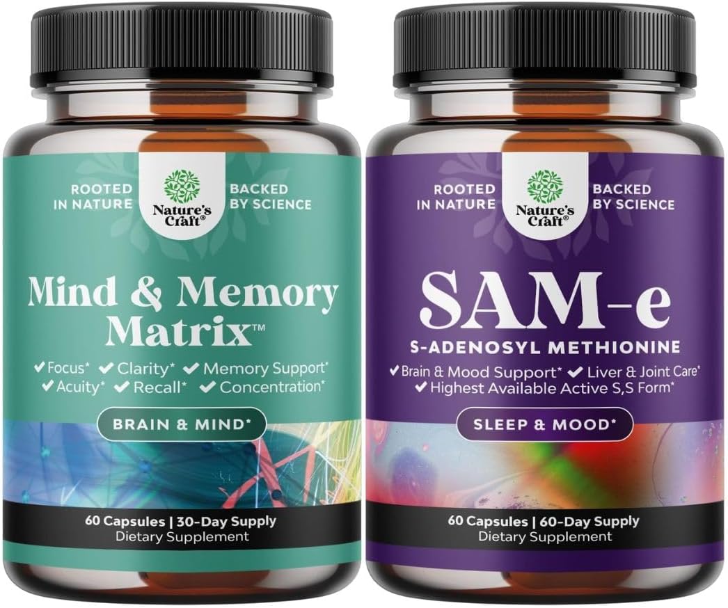 Bundle of Advanced Brain Supplement for Memory  Focus - Vitamins for Adults of All Ages and Sam-E 200mg Mood Support Supplement - S-Adenosyl Methionine for Natural Relaxing Mood Boost Brain Support