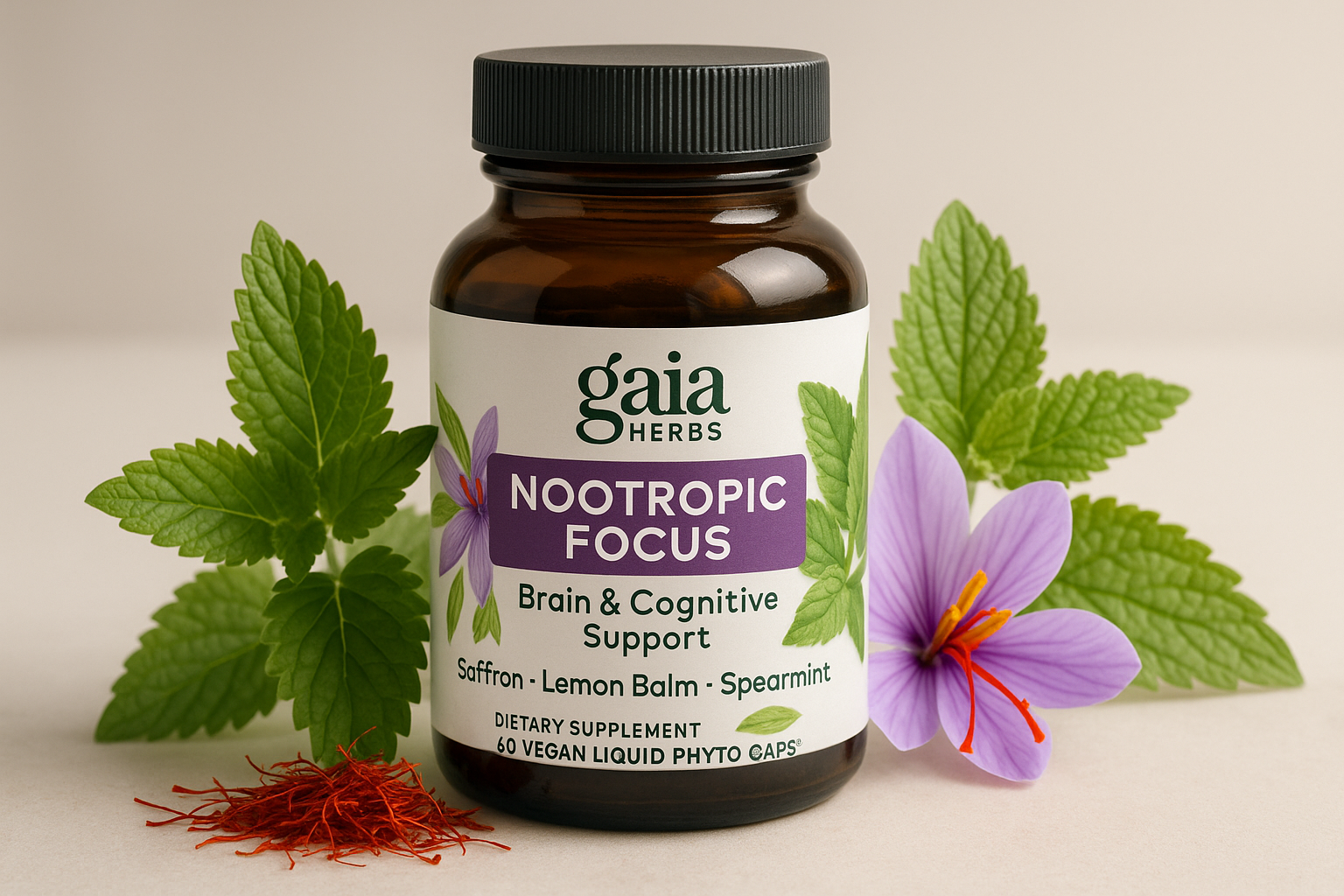 Gaia Herbs Nootropic Focus – Brain & Cognitive Support Supplement to Help Maintain Healthy Concentration* – with Saffron, Lemon Balm & Spearmint – 40 Liquid Phyto-Capsules (20 Servings)