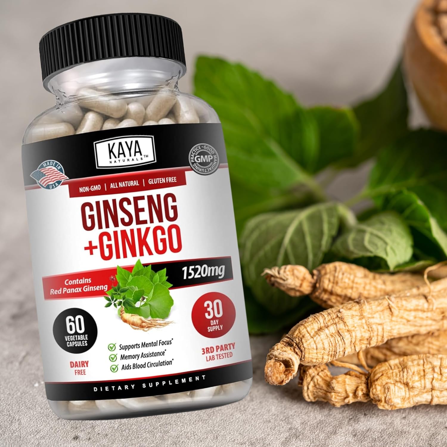 Kaya Naturals Red Panax Ginseng + Ginkgo Biloba - Nootropic Brain Supplement - Cognitive and Concentration Support - Brain Booster, Focus, and Memory Supplement - Capsules