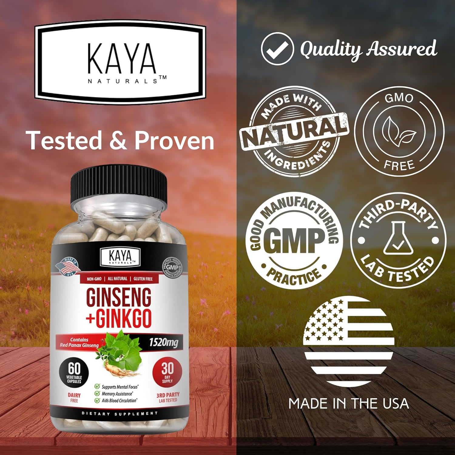 Kaya Naturals Red Panax Ginseng + Ginkgo Biloba - Nootropic Brain Supplement - Cognitive and Concentration Support - Brain Booster, Focus, and Memory Supplement - Capsules