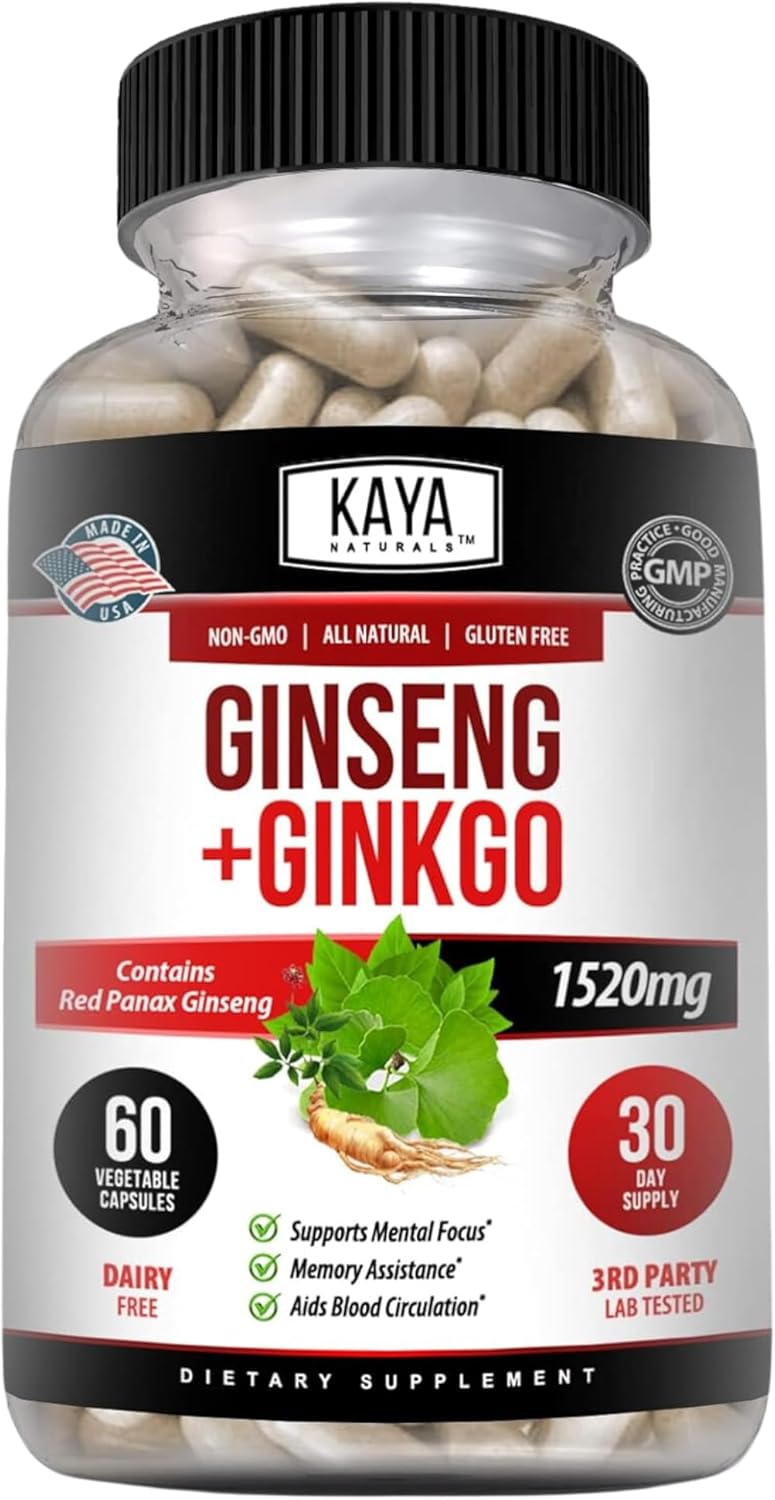 Kaya Naturals Red Panax Ginseng + Ginkgo Biloba – Nootropic Brain Supplement – Cognitive and Concentration Support – Brain Booster, Focus, and Memory Supplement – 60 Capsules