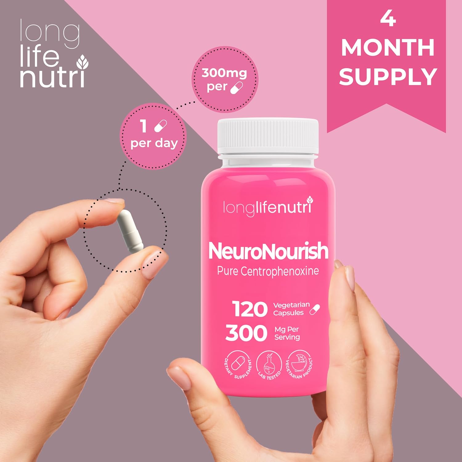 NeuroNourish (Centrophenoxine) 300mg - Vegetarian Capsules, 4-Month Supply, Natural Nootropic for Strengthening Memory, Focus,  Cognitive Function, GMP Certified, Made in USA