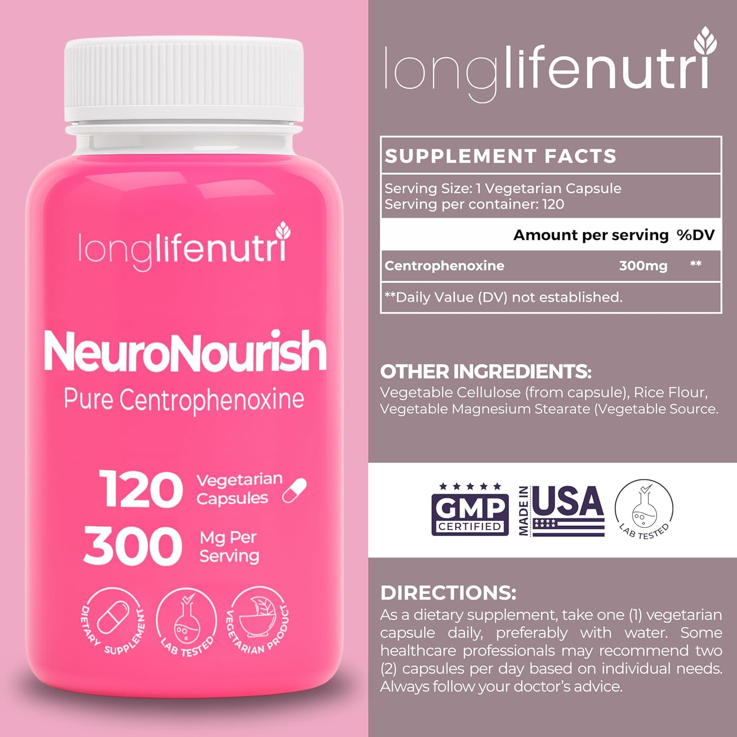NeuroNourish (Centrophenoxine) 300mg - Vegetarian Capsules, 4-Month Supply, Natural Nootropic for Strengthening Memory, Focus,  Cognitive Function, GMP Certified, Made in USA