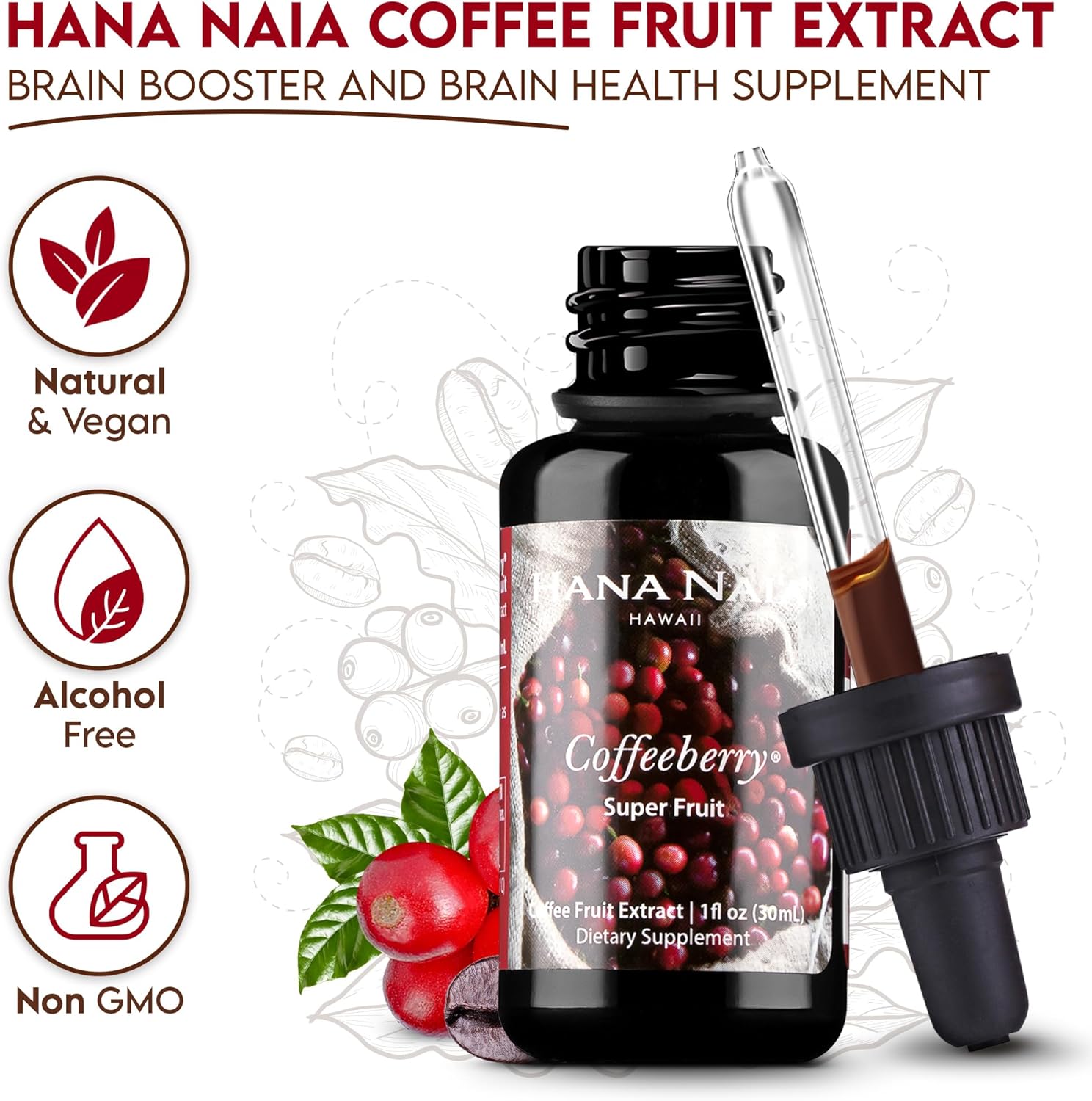 Hana Naia Coffeeberry: Whole Coffee Fruit Extract Supplement, 60-Day Supply, BDNF Brain Supplement, Focus Supplement and Cognitive Supplement, Brain Booster for Brain Health, 30ml Hana Naia Coffeeberry: Whole Coffee Fruit Extract Supplement, 60-Day Supply, BDNF Brain Supplement, Focus Supplement and Cognitive Supplement, Brain Booster for Brain Health, 30ml