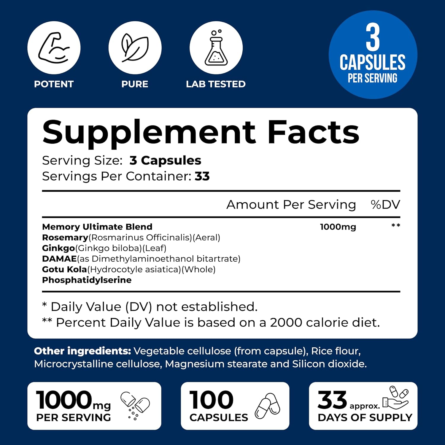 We Like Vitamins Phosphatidylserine Supplement with Gingko Biloba, Gotu Kola, DMAE - Improves Focus, Memory, Cognitive Function - Soy-Free 1000mg Memory Ultimate Complex - Easy-to-Swallow Capsules
