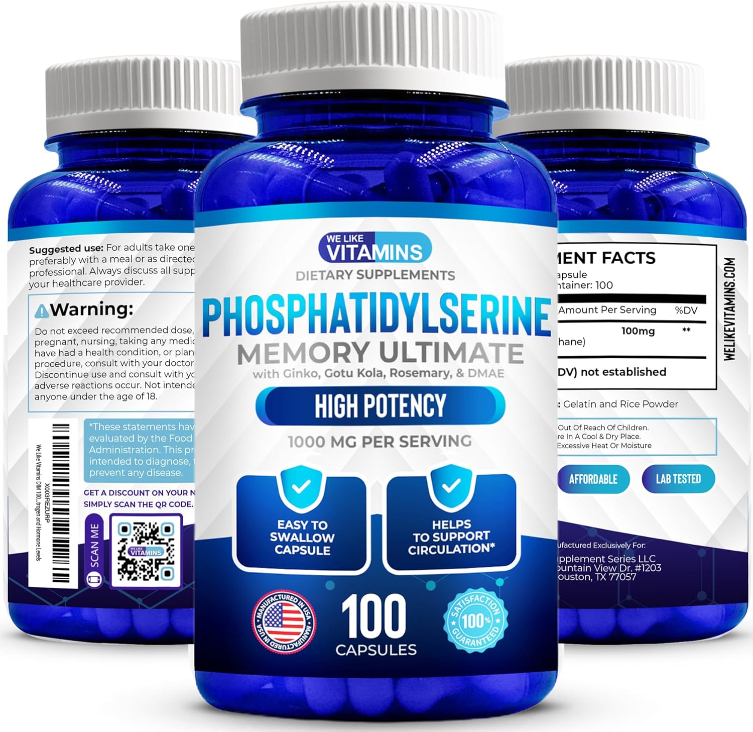We Like Vitamins Phosphatidylserine Supplement with Gingko Biloba, Gotu Kola, DMAE - Improves Focus, Memory, Cognitive Function - Soy-Free 1000mg Memory Ultimate Complex - Easy-to-Swallow Capsules