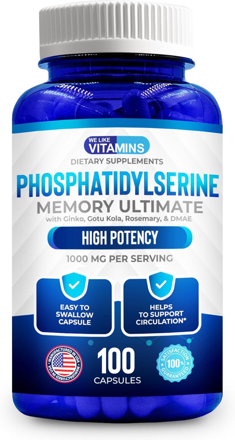 We Like Vitamins Phosphatidylserine Supplement with Gingko Biloba, Gotu Kola, DMAE - Improves Focus, Memory, Cognitive Function - Soy-Free 1000mg Memory Ultimate Complex - Easy-to-Swallow Capsules