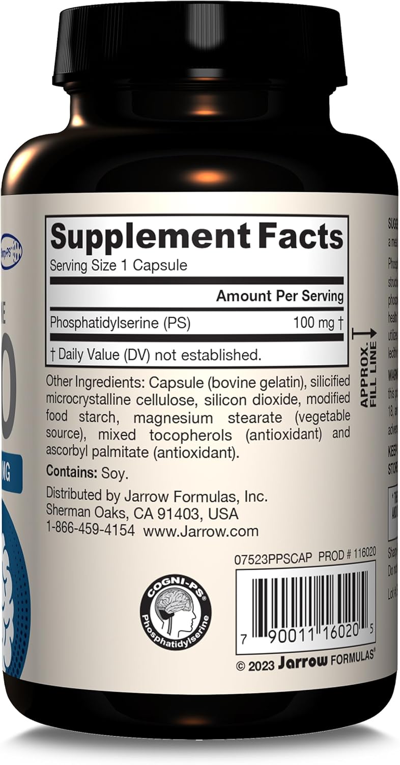 Jarrow Formulas PS100 Phosphatidylserine 100mg, Dietary Supplement for Brain Health and Cognitive Function Support, Capsules, Up to a Day Supply