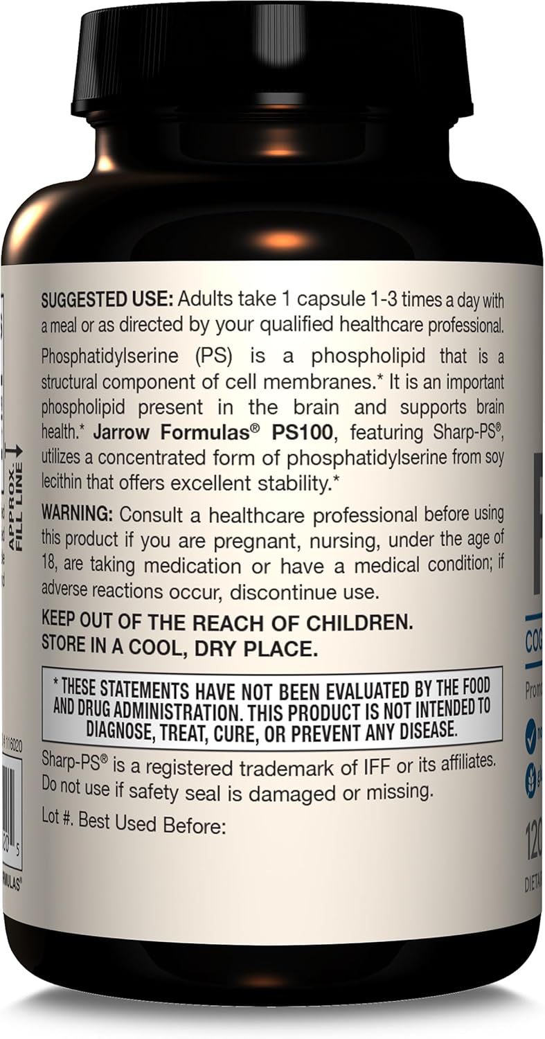 Jarrow Formulas PS100 Phosphatidylserine 100mg, Dietary Supplement for Brain Health and Cognitive Function Support, Capsules, Up to a Day Supply