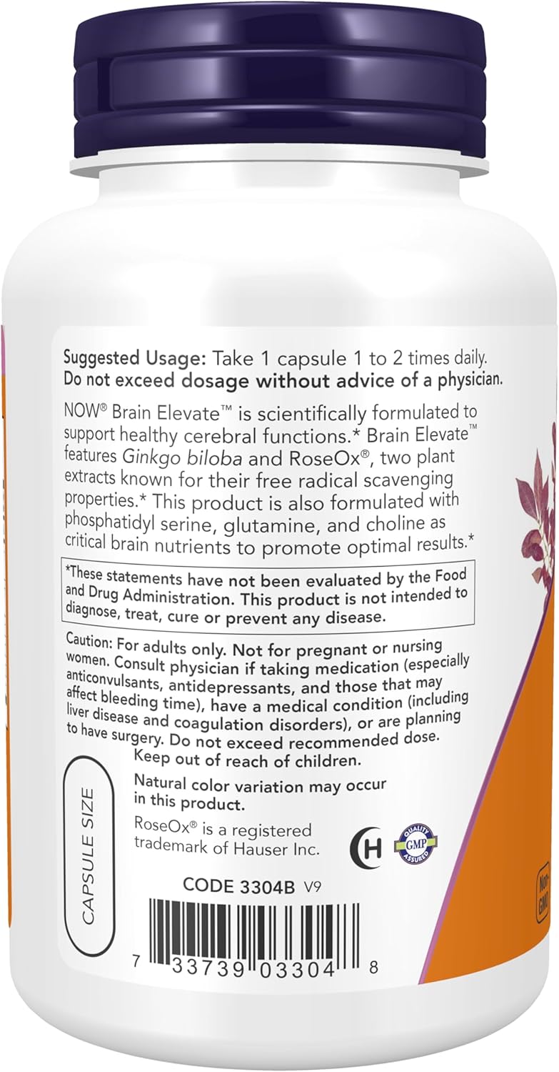 NOW Foods Supplements, Brain Elevate™, Featuring Ginkgo Biloba, RoseOx® and Phosphatidyl Serine, Veg Capsules