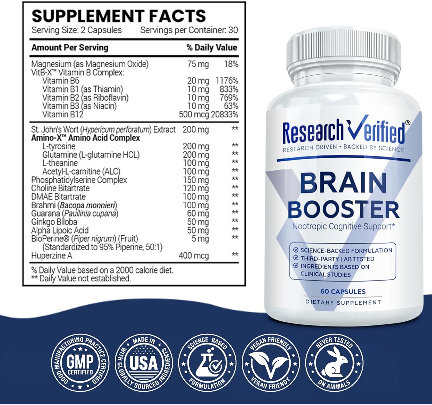 Research Verified Brain Booster - Brain Supplement for Memory and Focus, Nootropic Supplement for Cognitive Support - Vegan Capsules - Month Supply