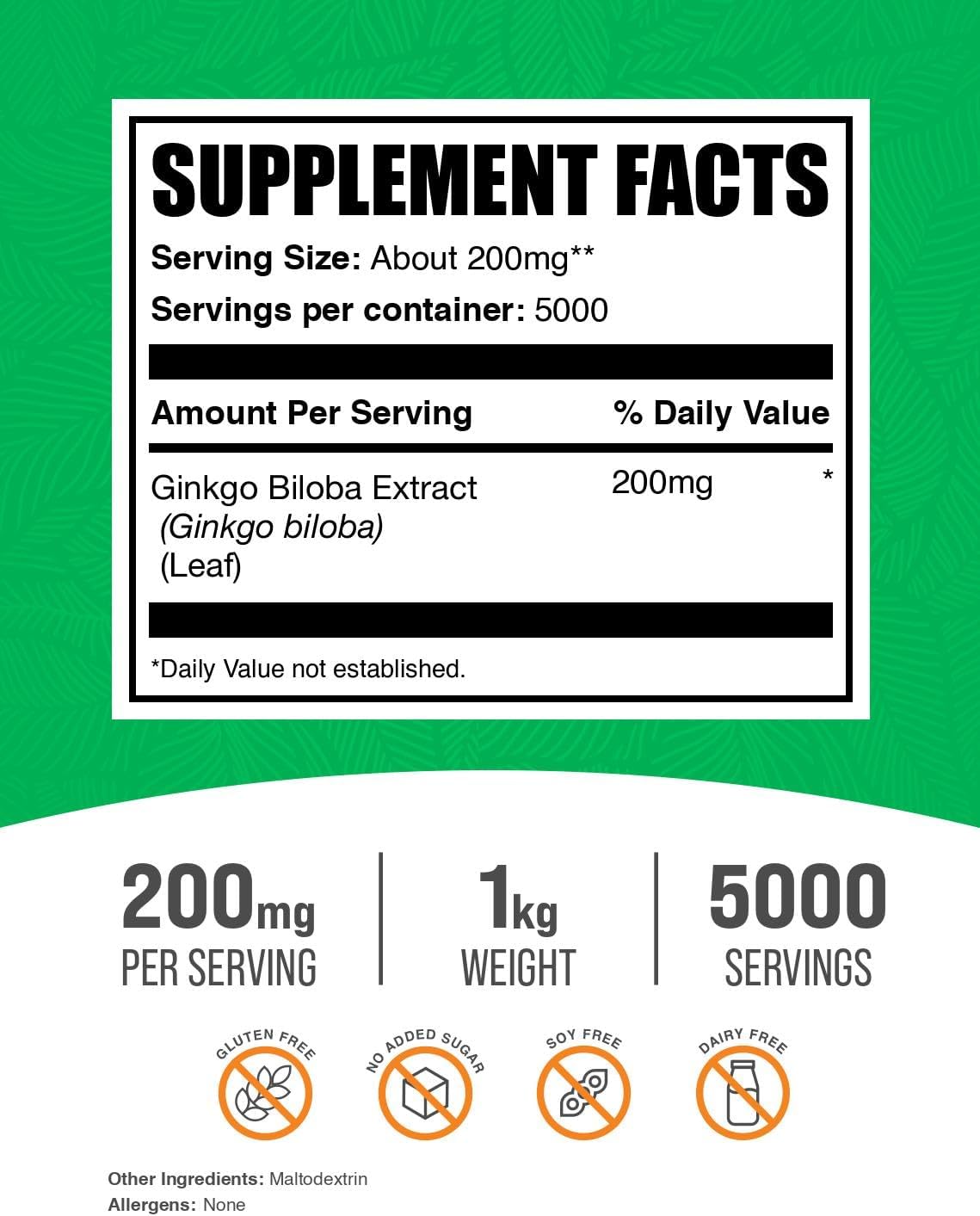 BulkSupplements.com Ginkgo Biloba Extract Powder - from Ginkgo Biloba Leaf, Antioxidant Source, Herbal Supplement - Gluten Free, 200mg per Serving, 1kg (2.2 lbs) (Pack of 1) BulkSupplements.com Ginkgo Biloba Extract Powder - from Ginkgo Biloba Leaf, Antioxidant Source, Herbal Supplement - Gluten Free, 200mg per Serving, 1kg (2.2 lbs) (Pack of 1)