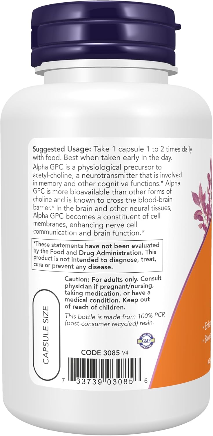 NOW Supplements, Alpha GPC mg with Bioavailable Source of Choline, Veg Capsules